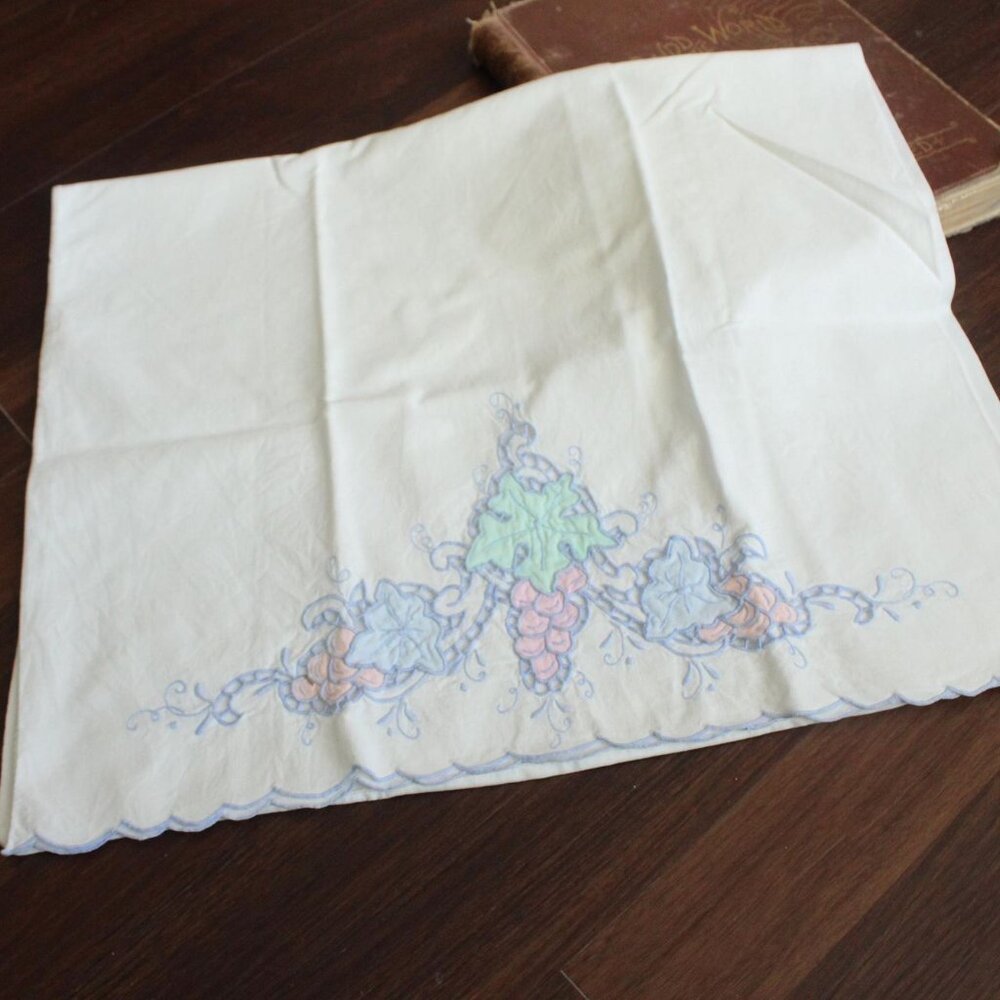 Vintage 1950s Pillowcase, Queen 32" Long, White Cotton With Embroidered Pink